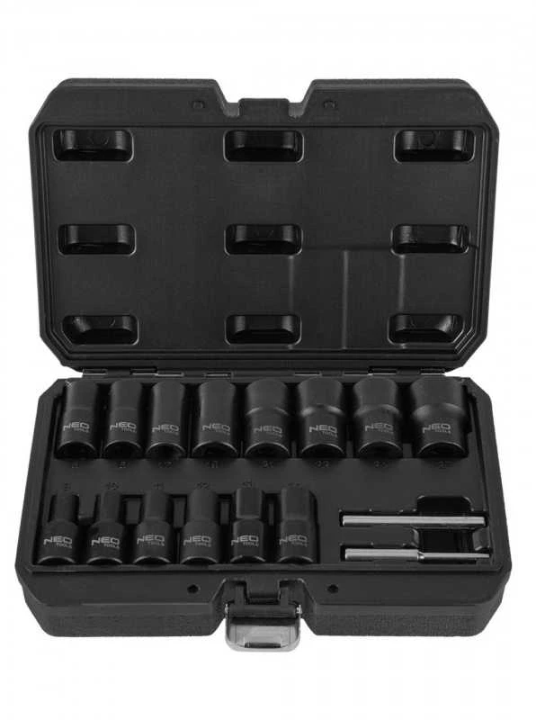Varžtų ištraukimo lizdas NEO 11-920, 1/2", 16 vnt. rinkinys (su susuktu profiliu)