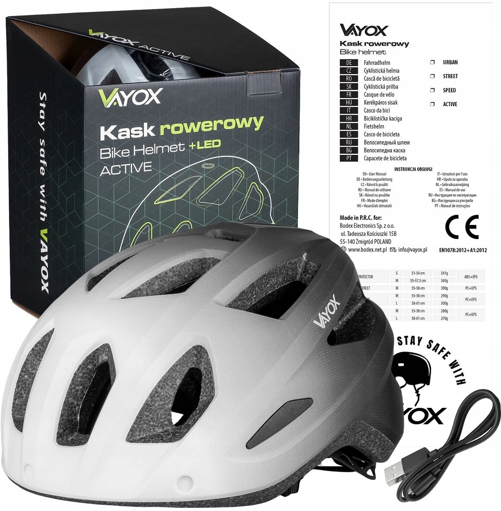 VAYOX Active VA0424WBM baltas ir juodas MTB dviračio šalmas su šviesa (M dydis)