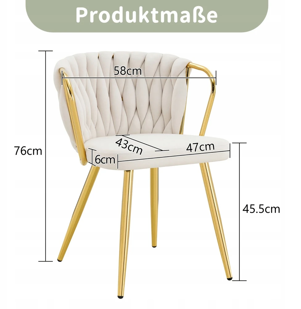 Veliūrinė kėdė su pintu atlošu, auksinės kreminės spalvos kojomis