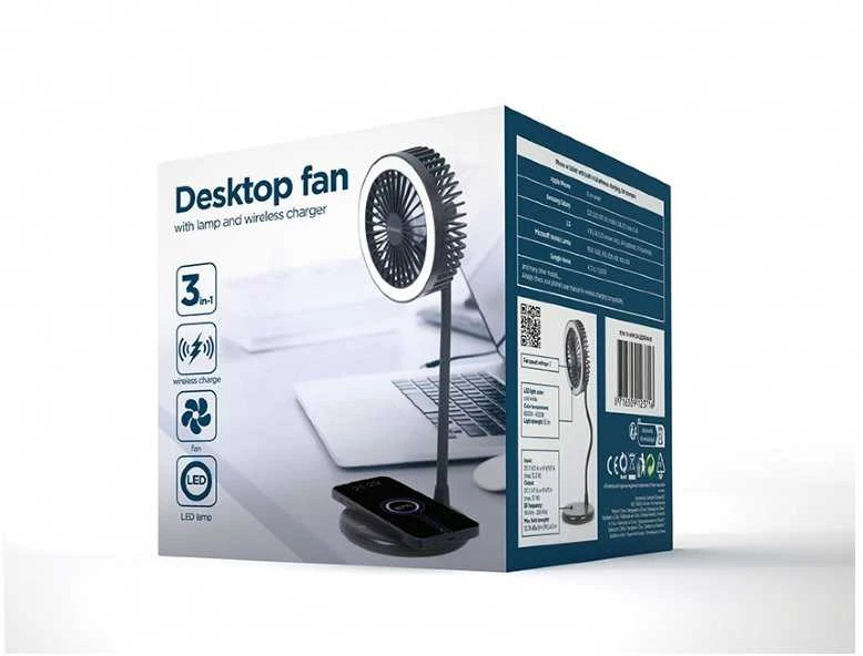 Gembird | TA-WPC10-LEDFAN-01 stalinis ventiliatorius su lempute ir belaidžiu įkrovikliu | N/A | Telefonas arba planšetinis kompiuteris su integruotu belaidžiu „Qi“ įkrovimu