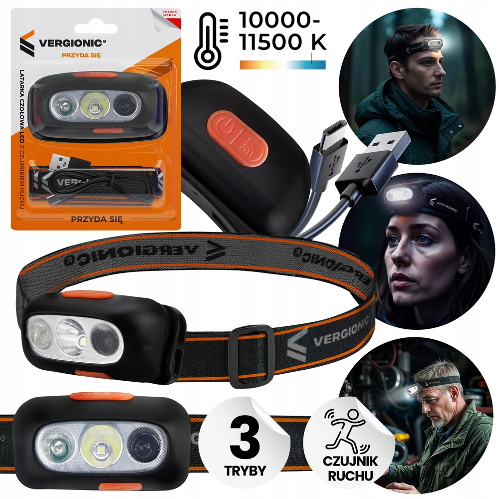 Vergionic LED PRIEKINIS LEMPAS SU JUDESIO JUTIKUMU, USB ĮKRAUKAMŲ PRIEKINIŲ LEMPŲ RINKINYS