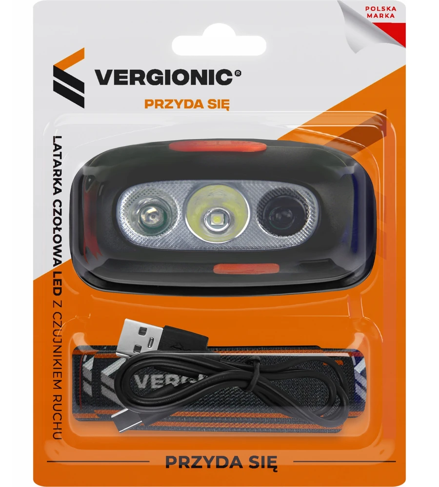 VERGIONIC LED priekinis žibintas su USB judesio jutikliu, atsparus vandeniui