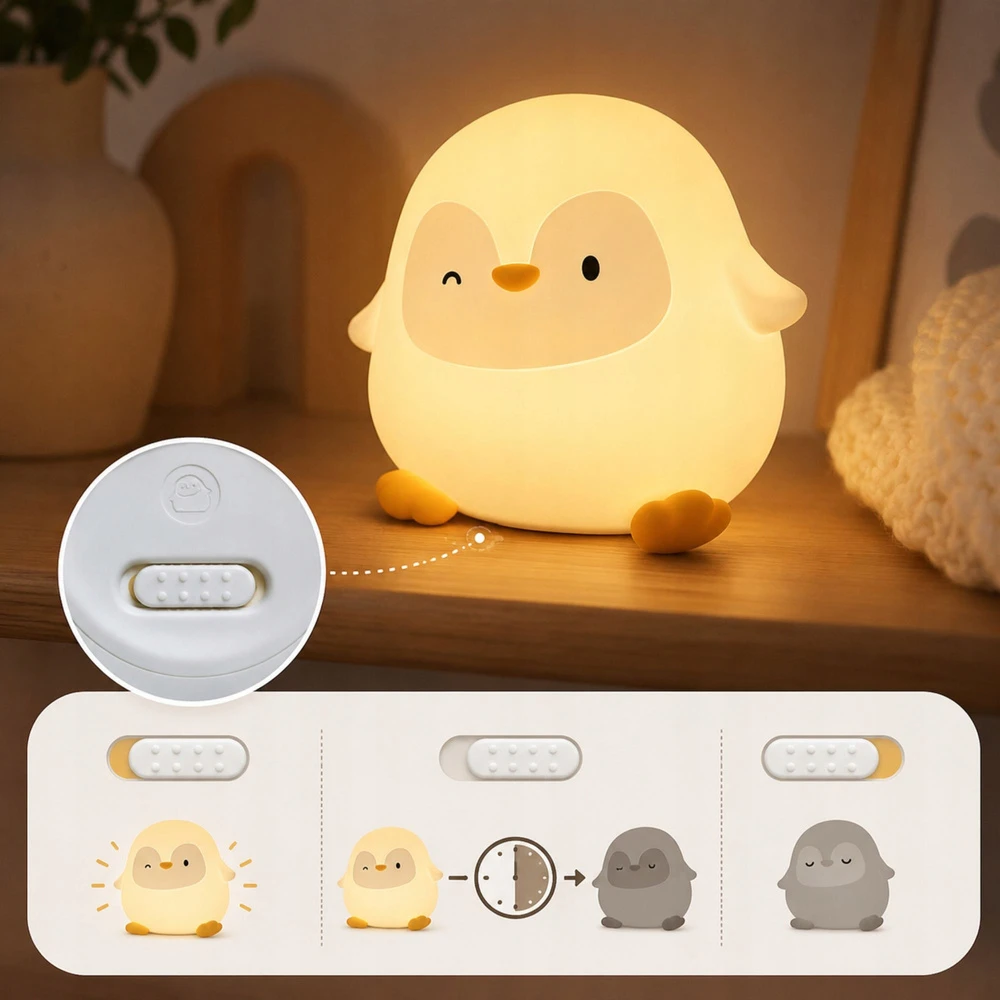 Verk Group Lampka nocna pingwin led vaikams minkšta dotykowa silikonowa usb-c timer