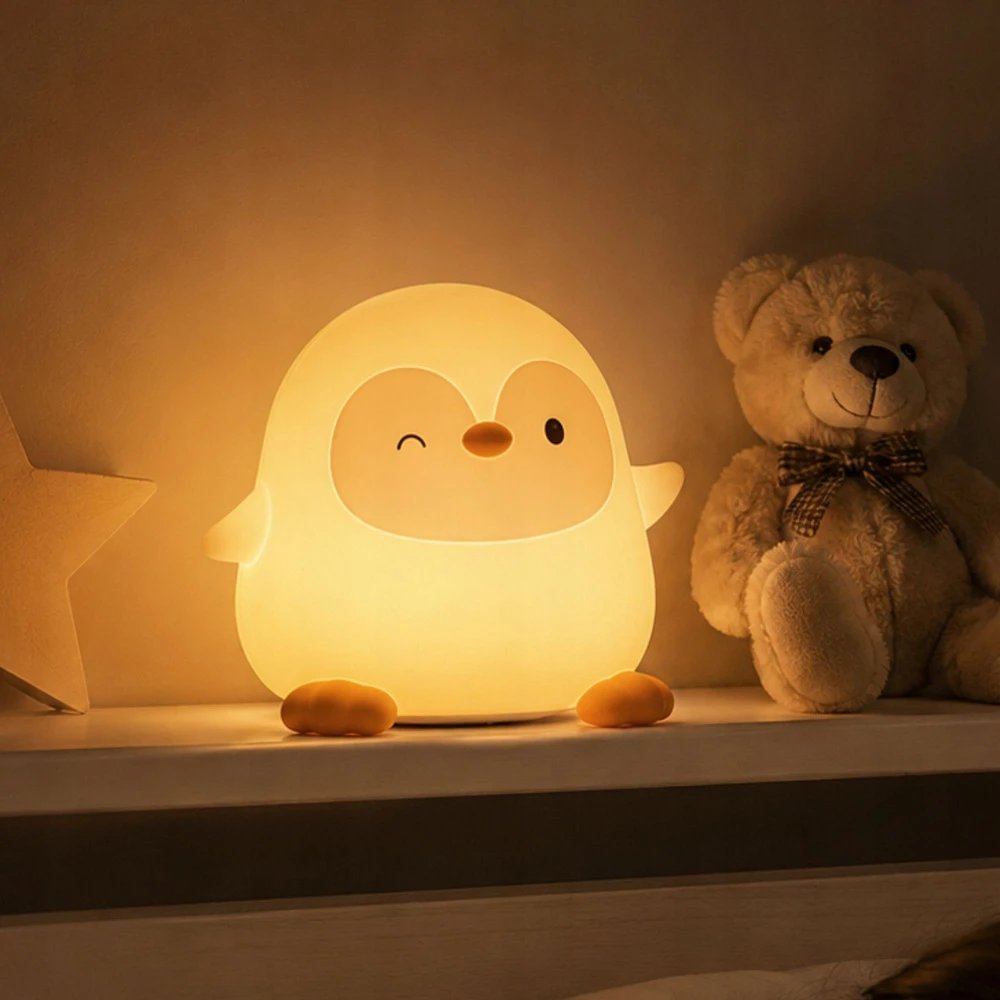 Verk Group Lampka nocna pingwin led vaikams minkšta dotykowa silikonowa usb-c timer