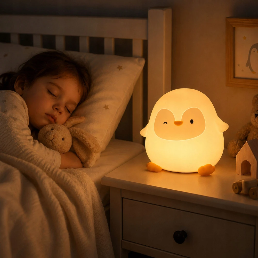Verk Group Lampka nocna pingwin led vaikams minkšta dotykowa silikonowa usb-c timer