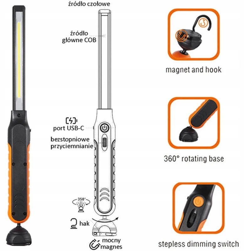 Verke V87516 Led dirbtuvinė lempa su magnetu ir kabliu, Usb