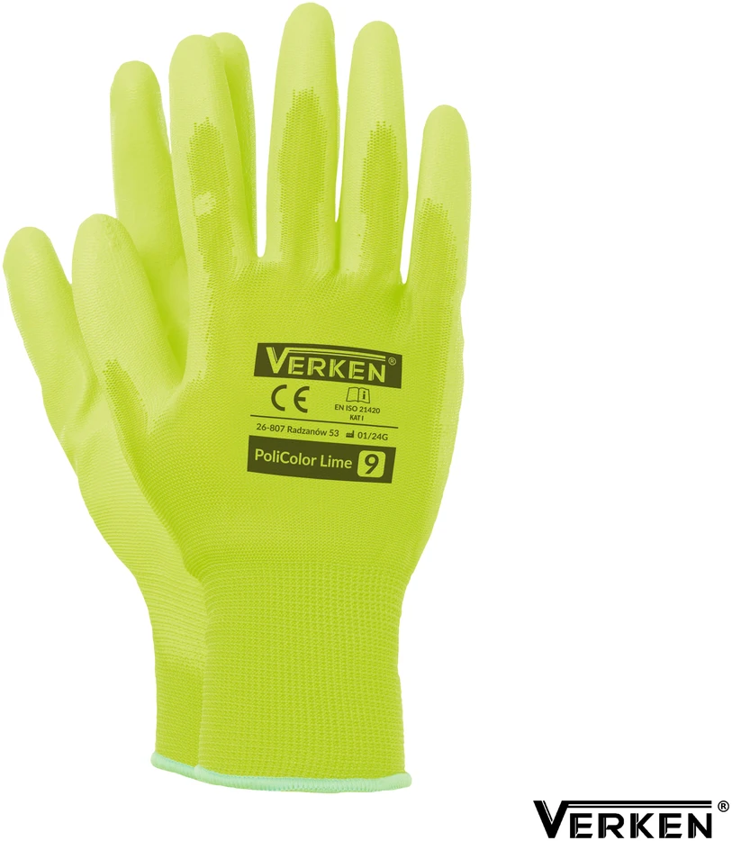 Verken PoliColor LIME poliuretano pirštinės, 7 dydis - S, 1 pora