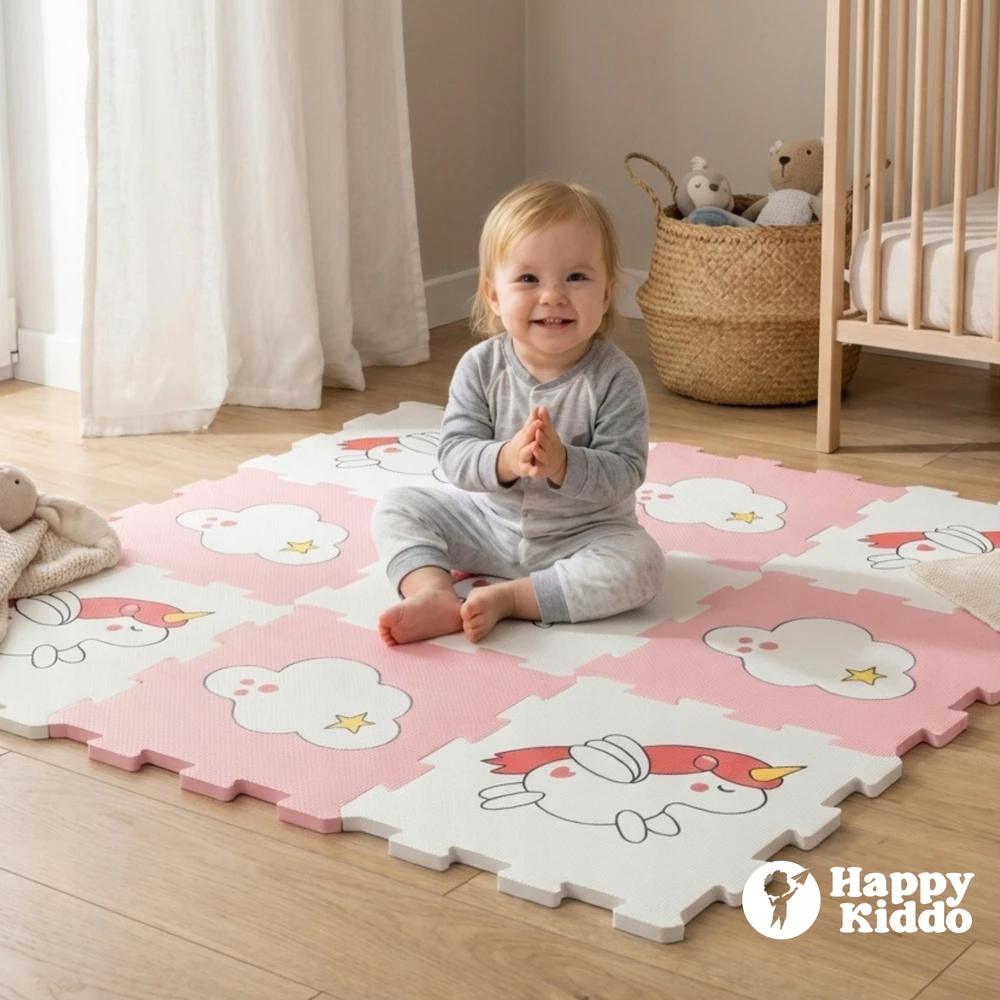 Anek Smily Play VIENRAGIS PUOTŲ KILIMAS Happy Kiddo lavinamoji dėlionė 90x90 cm 9 vnt.