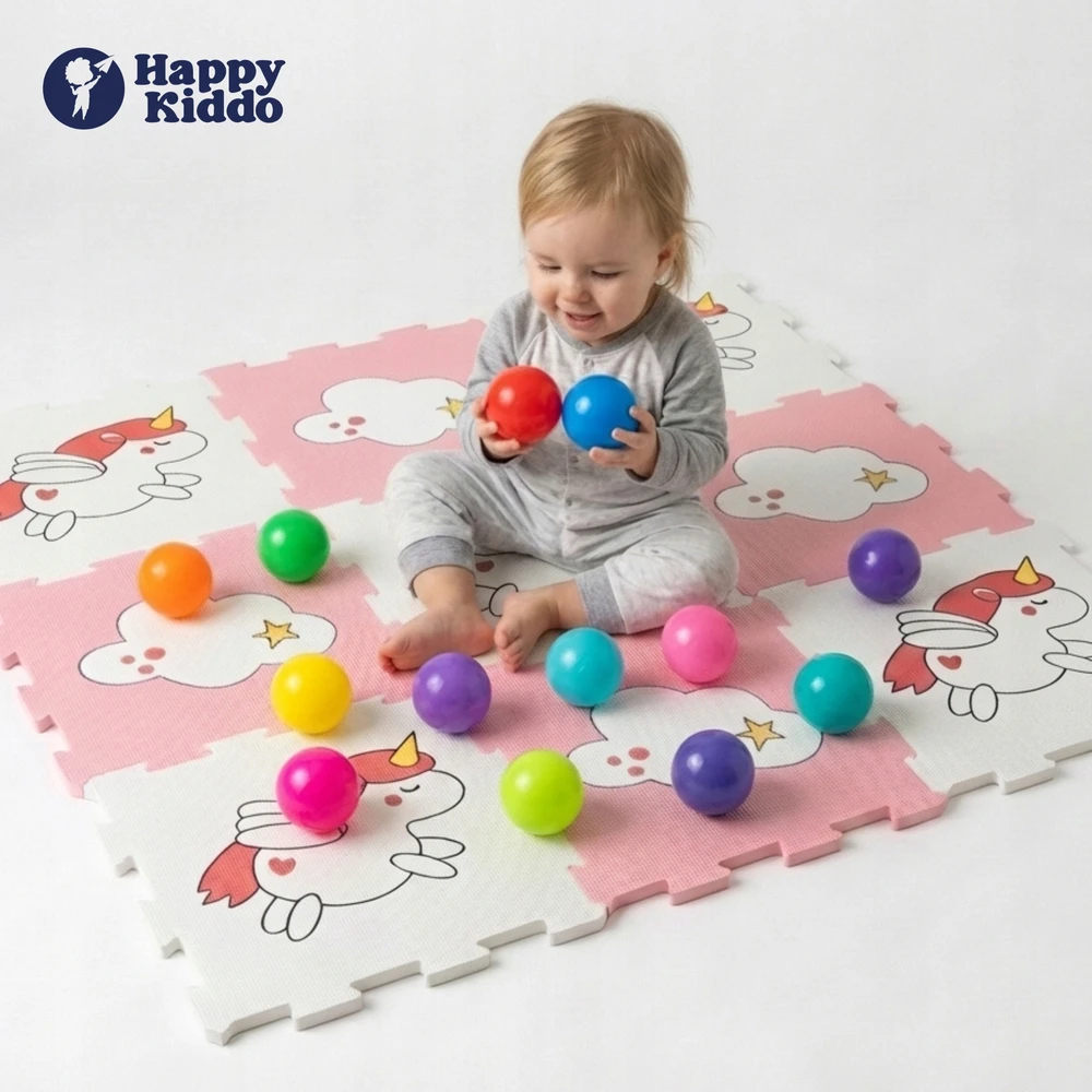 Anek Smily Play VIENRAGIS PUOTŲ KILIMAS Happy Kiddo lavinamoji dėlionė 90x90 cm 9 vnt.