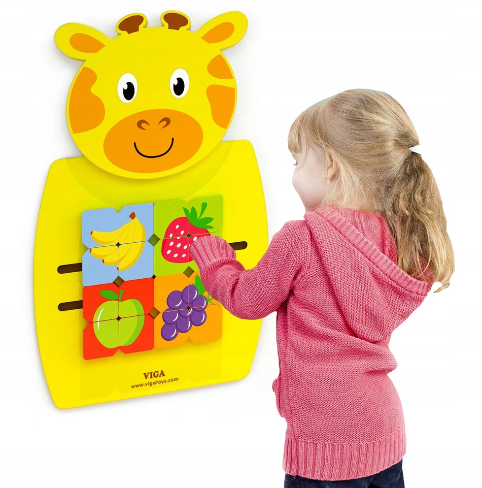 Viga Toys Medinė Sensoryinė Manipuliacinė Lentelė Žirafa su Dėlionėmis