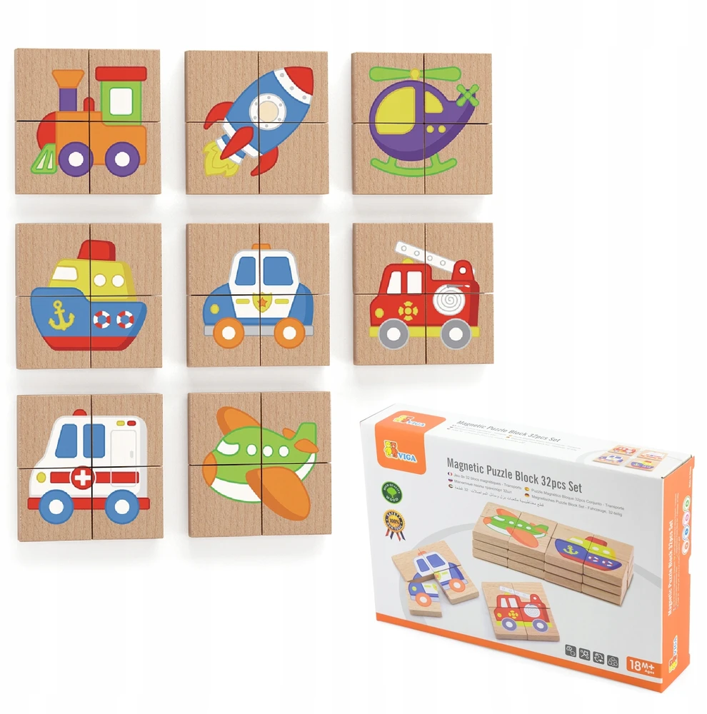 Viga Medinė magnetinė puzzle – transporto priemonės, FSC sertifikatas