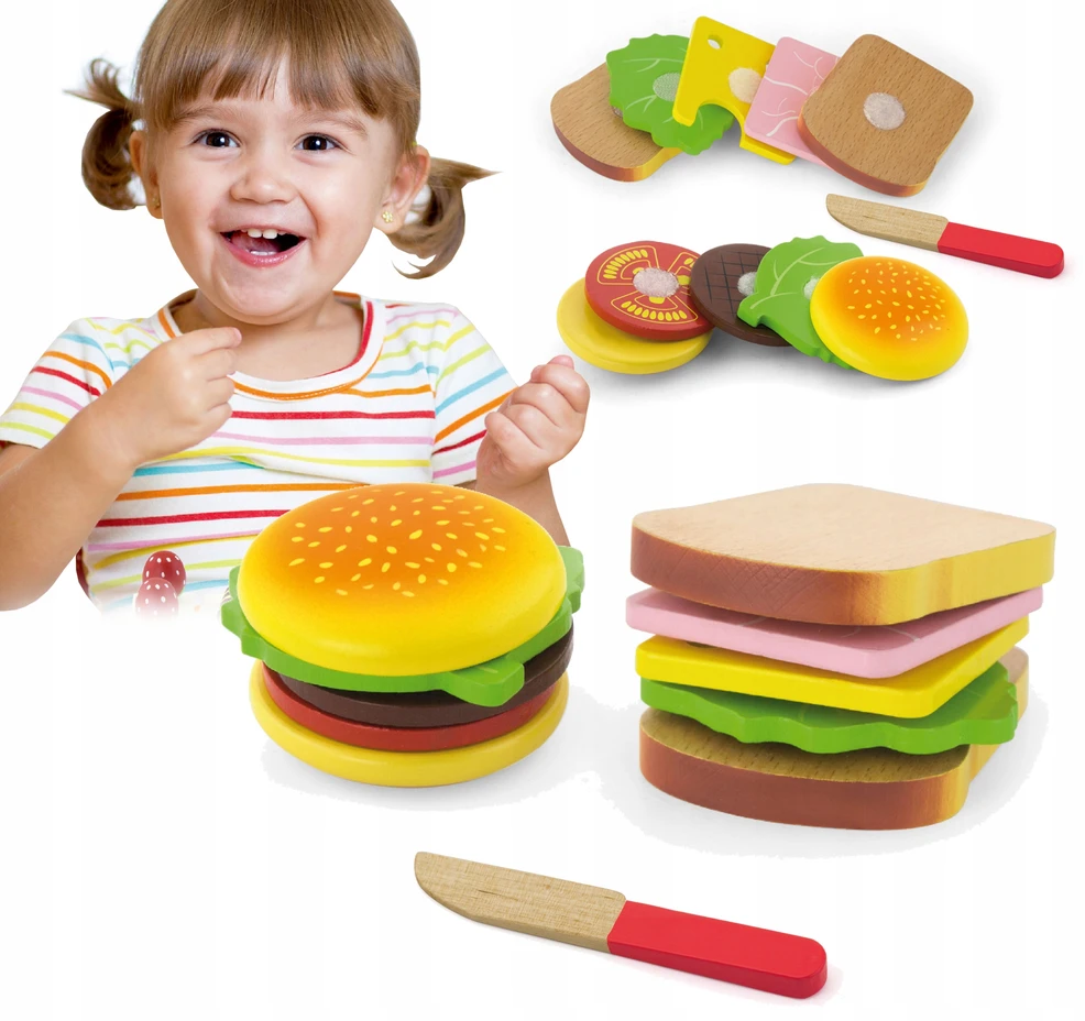 Viga Žaislas - Virtuvės įranga - Pjaustymo rinkinys su hamburgeriu ir sumuštiniu