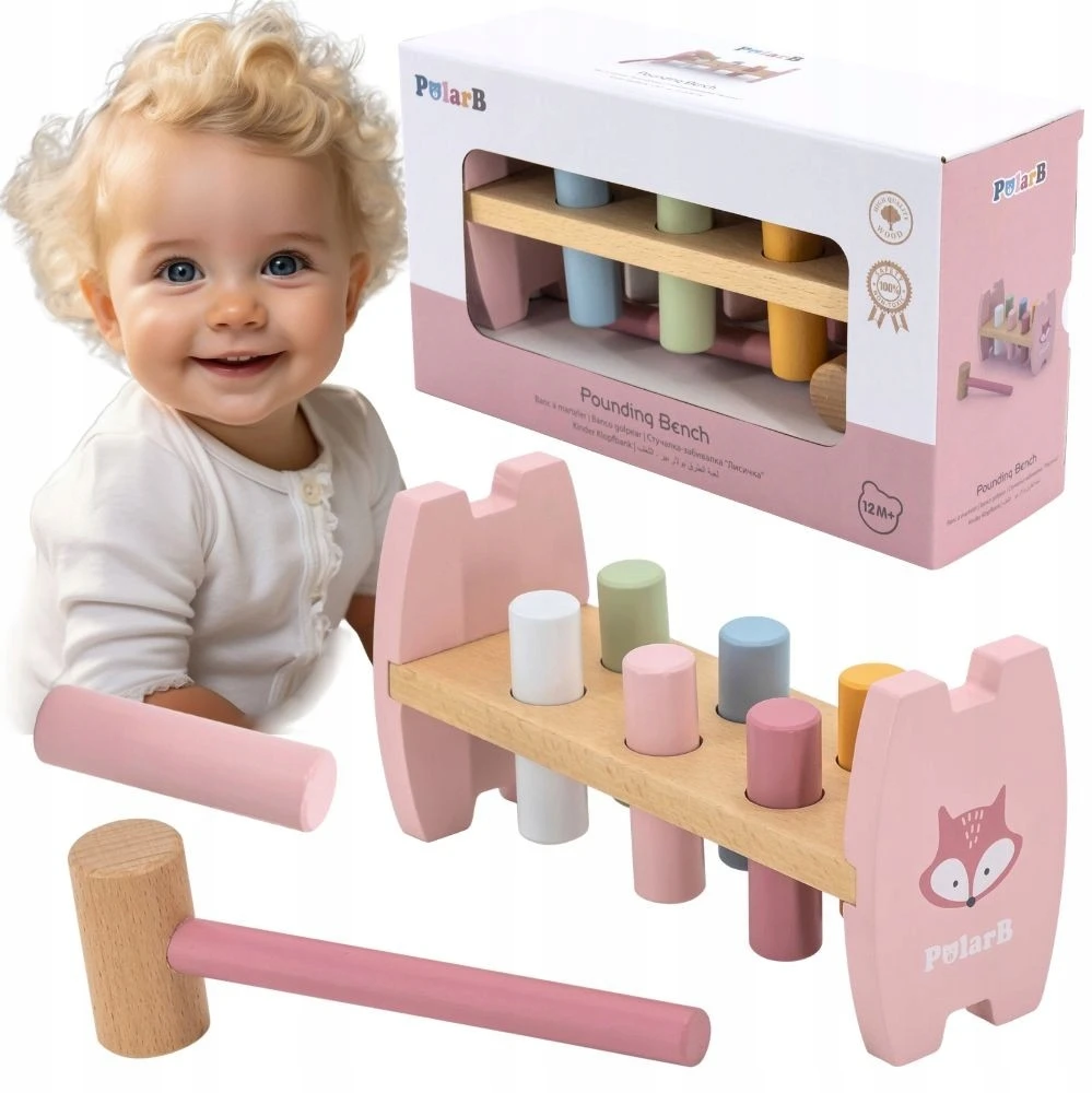 Viga Medinė Paspaudimo Žaislas Su Plaktuku Lapė Montessori