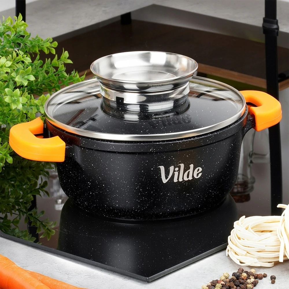 Vilde GRANITINIS PUODAS SU DANČIU 16 CM 1,2 L NEPRIKLANTAS DANGAS INDUKCIJAI