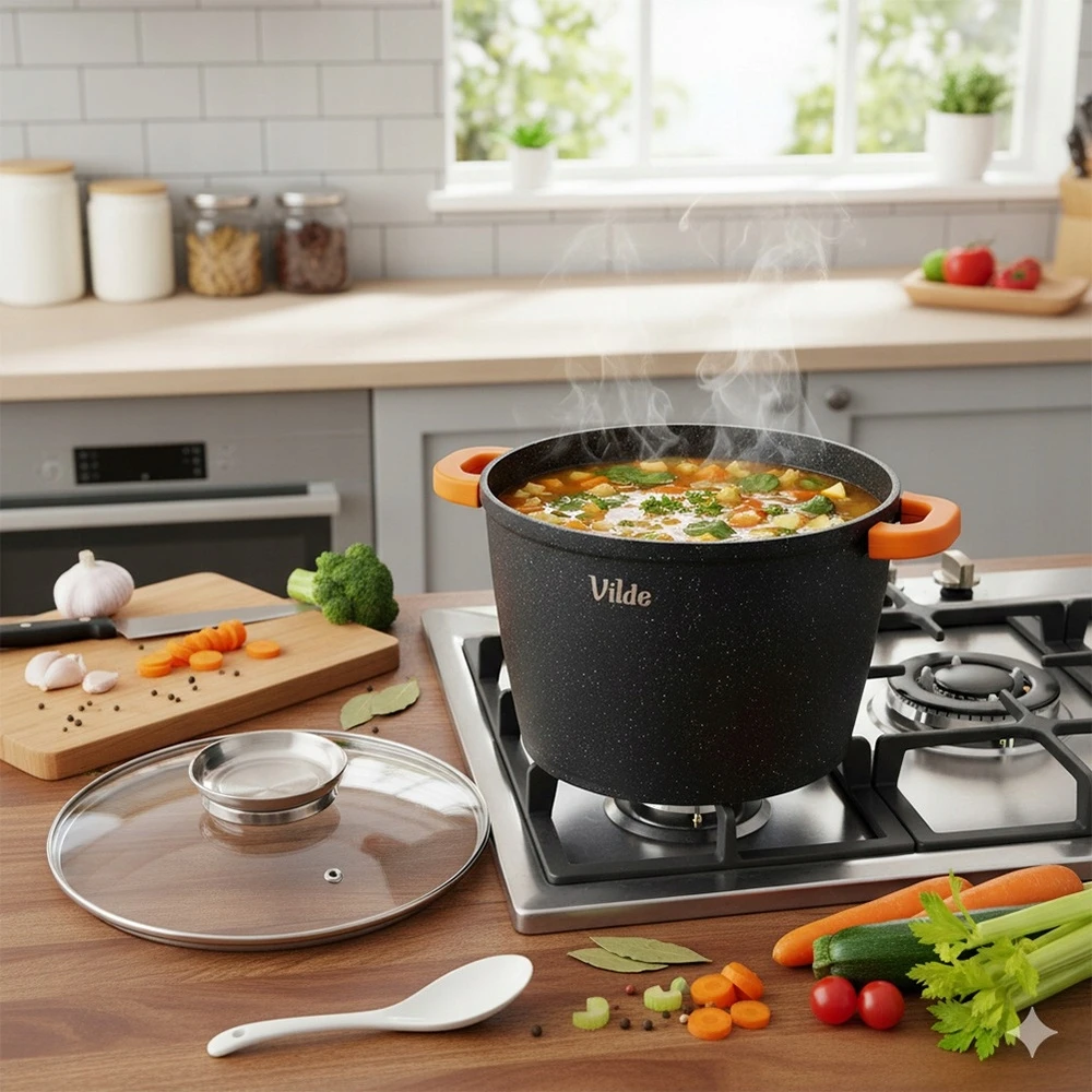 Granitinis puodas su stikliniu dangčiu Vilde Terruna Aroma 24 cm, 6,7 l