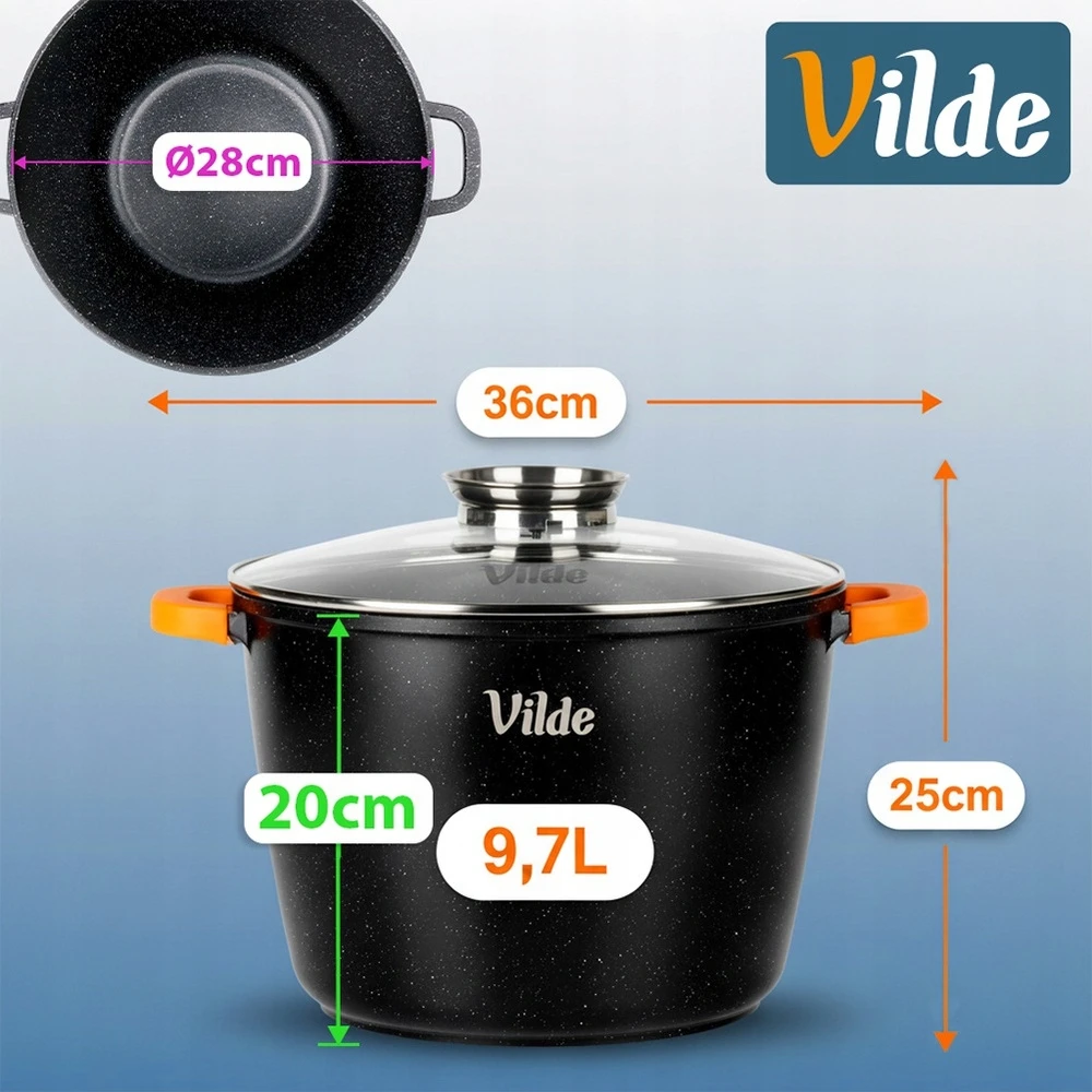 Vilde GRANITINIS PUODAS SU DANGIU 28 CM 9,7 L NEPRIKLANTAS DANGA INDUKCIJAI