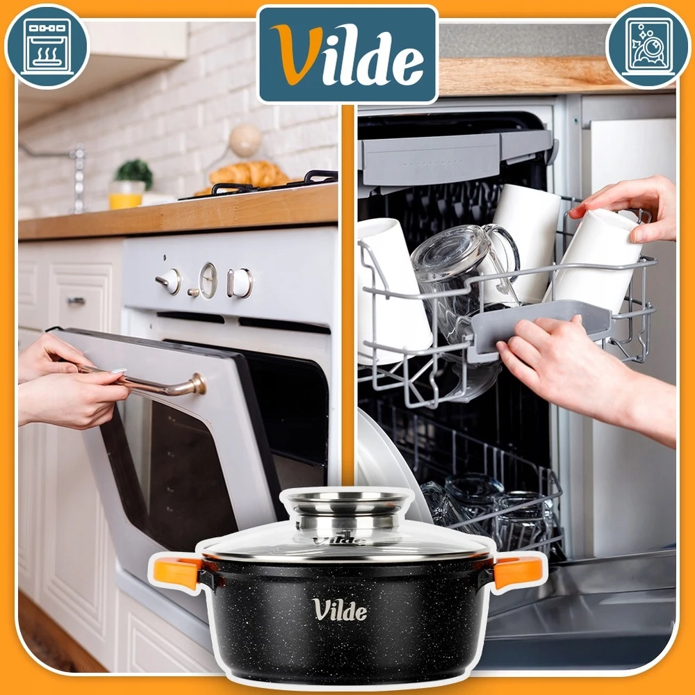 Vilde PUODAS 2.1L 20CM ALIUMINIO GRANITE PATAIS ORANŽINĖS RANENENĖS INDUKCINĖS