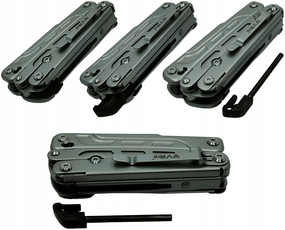 VILKS MULTITOOL daugiafunkcinis išgyvenimo rinkinys FIRST STAINLESS Steel Case BITS