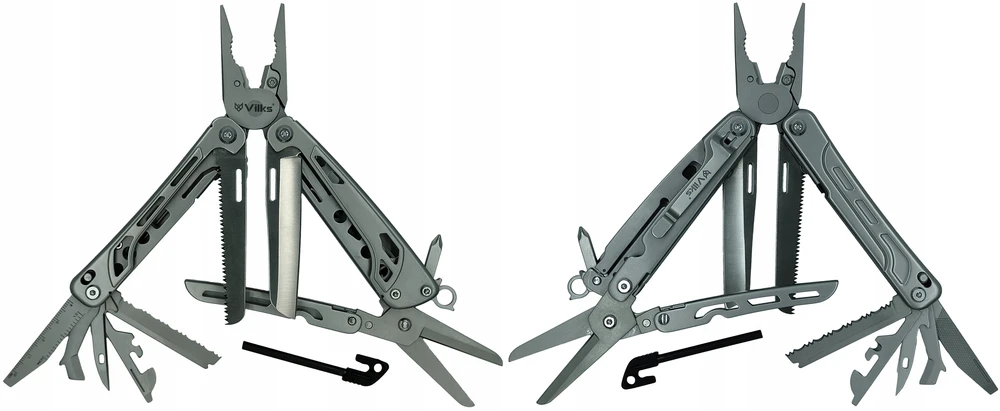VILKS MULTITOOL daugiafunkcinis išgyvenimo rinkinys FIRST STAINLESS Steel Case BITS