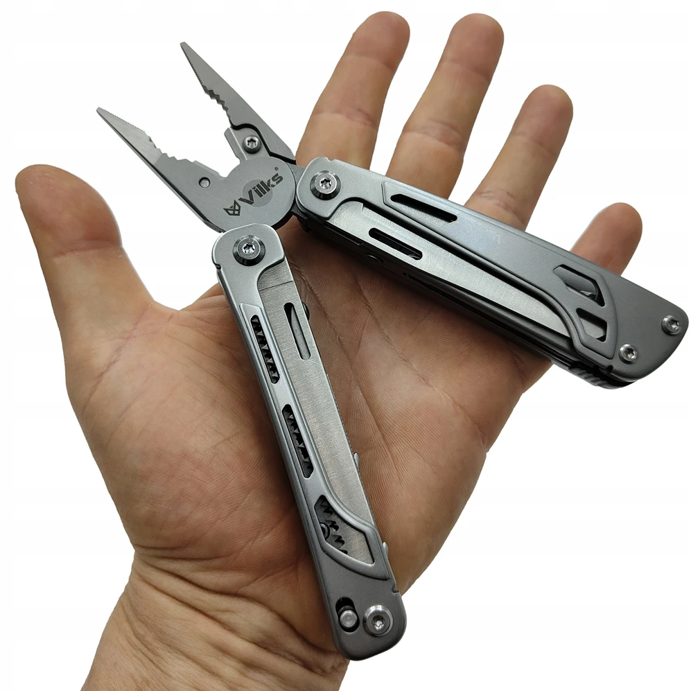 VILKS MULTITOOL daugiafunkcinis išgyvenimo rinkinys FIRST STAINLESS Steel Case BITS