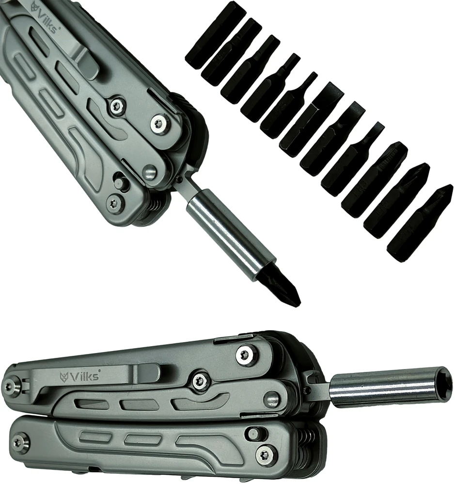 VILKS MULTITOOL daugiafunkcinis išgyvenimo rinkinys FIRST STAINLESS Steel Case BITS