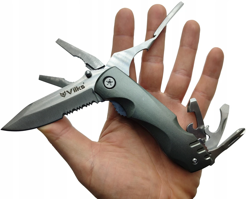 VILKS MULTITOOL daugiafunkcinis išgyvenimo rinkinys sulankstomų peilių kombinuotų replių BITS dėklas