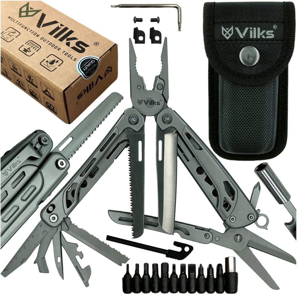VILKS MULTITOOL daugiafunkcinis išgyvenimo rinkinys FIRST STAINLESS Steel Case BITS