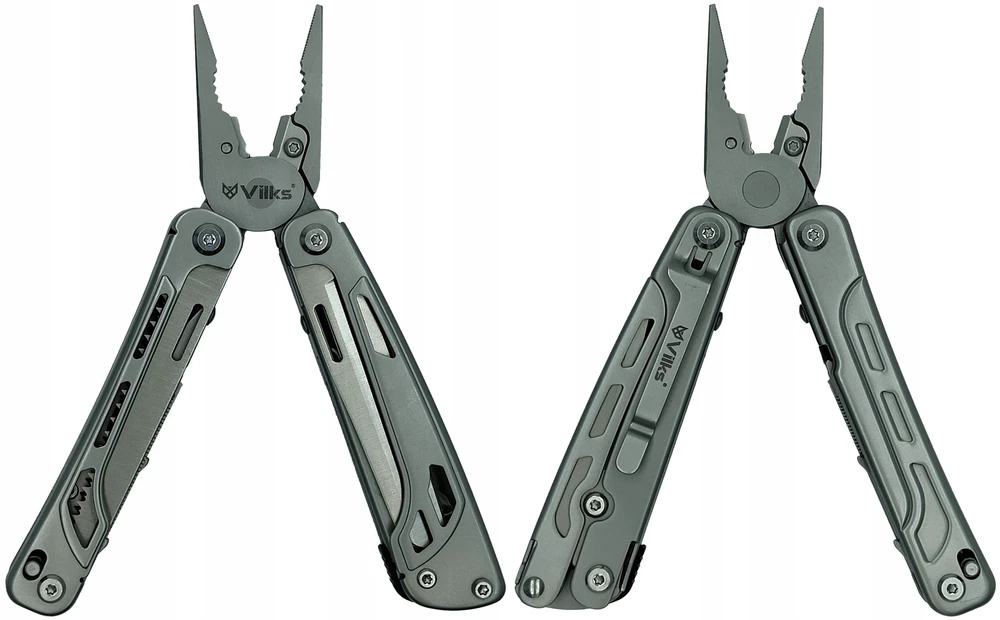 VILKS MULTITOOL daugiafunkcinis išgyvenimo rinkinys FIRST STAINLESS Steel Case BITS