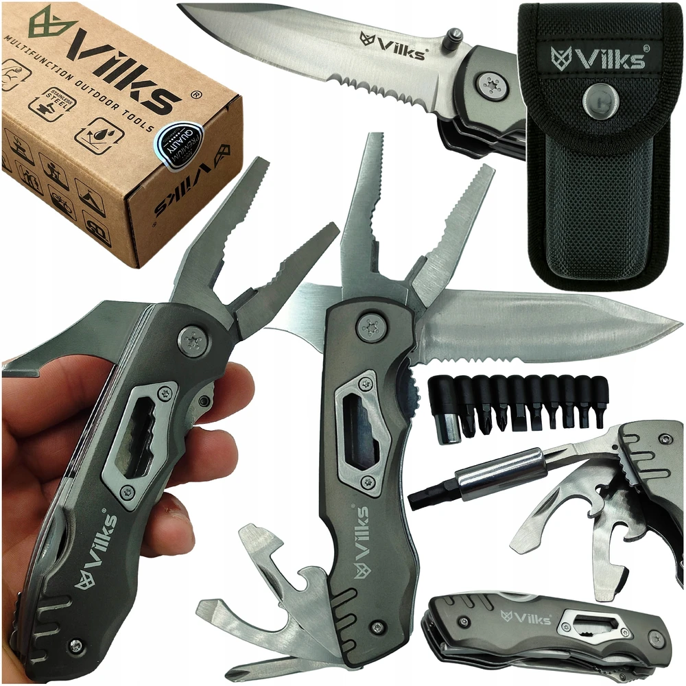 VILKS MULTITOOL daugiafunkcinis išgyvenimo rinkinys sulankstomų peilių kombinuotų replių BITS dėklas