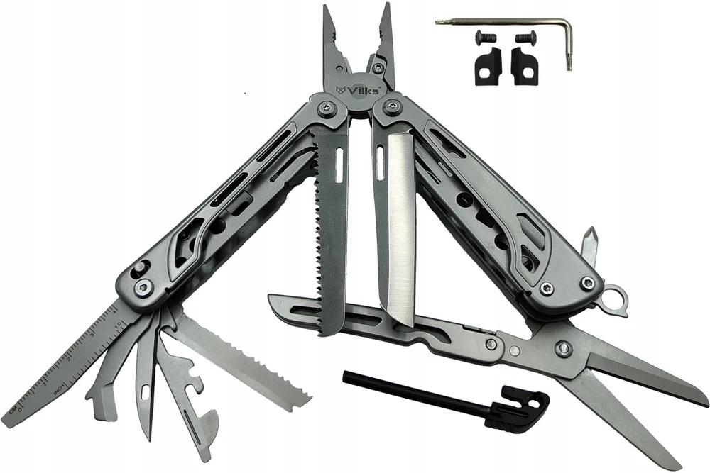 VILKS MULTITOOL daugiafunkcinis išgyvenimo rinkinys FIRST STAINLESS Steel Case BITS