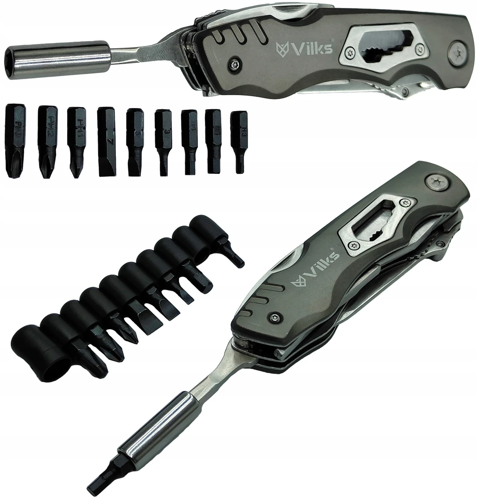 VILKS MULTITOOL daugiafunkcinis išgyvenimo rinkinys sulankstomų peilių kombinuotų replių BITS dėklas