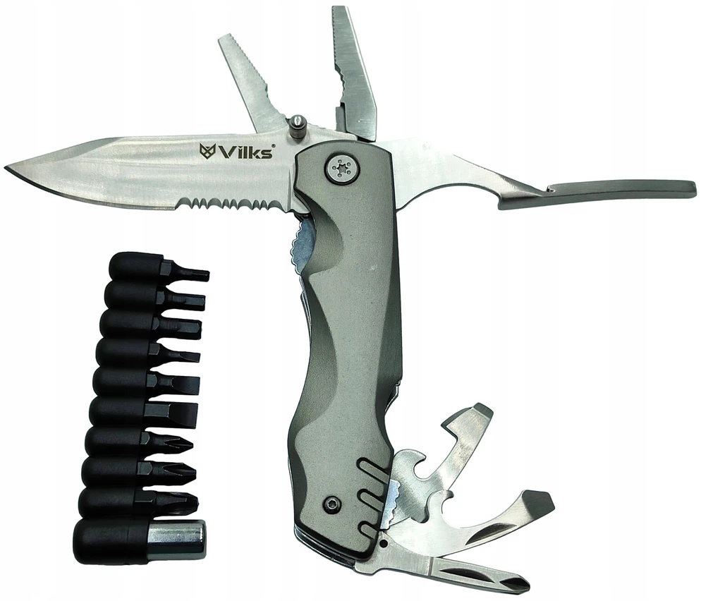 VILKS MULTITOOL daugiafunkcinis išgyvenimo rinkinys sulankstomų peilių kombinuotų replių BITS dėklas