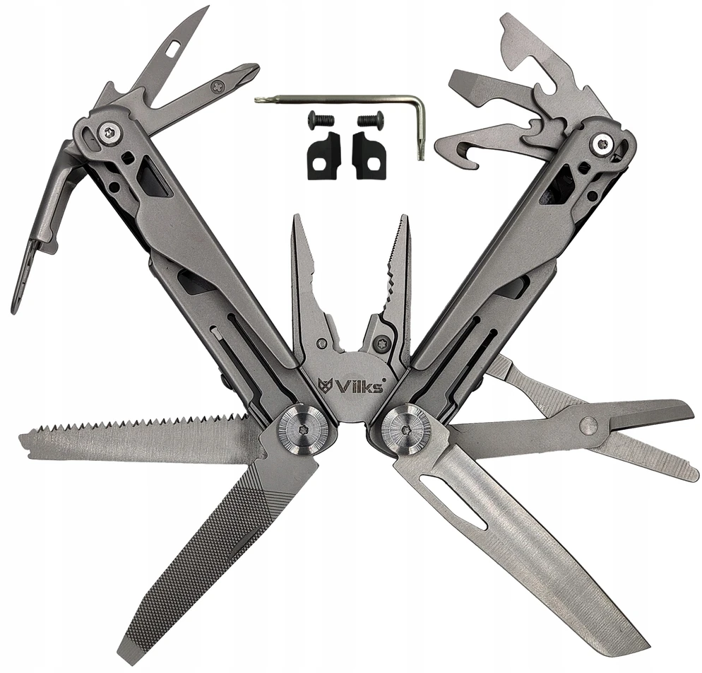 VILKS MULTITOOL daugiafunkcinis kišeninių peilių rinkinys STAINLESS SURVIVAL plieno dėklo antgaliai