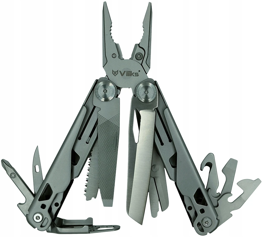 VILKS MULTITOOL daugiafunkcinis kišeninių peilių rinkinys STAINLESS SURVIVAL plieno dėklo antgaliai