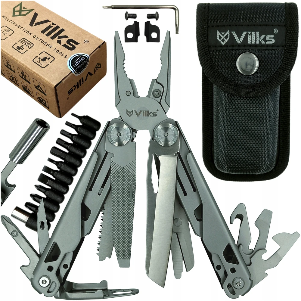 VILKS MULTITOOL daugiafunkcinis kišeninių peilių rinkinys STAINLESS SURVIVAL plieno dėklo antgaliai