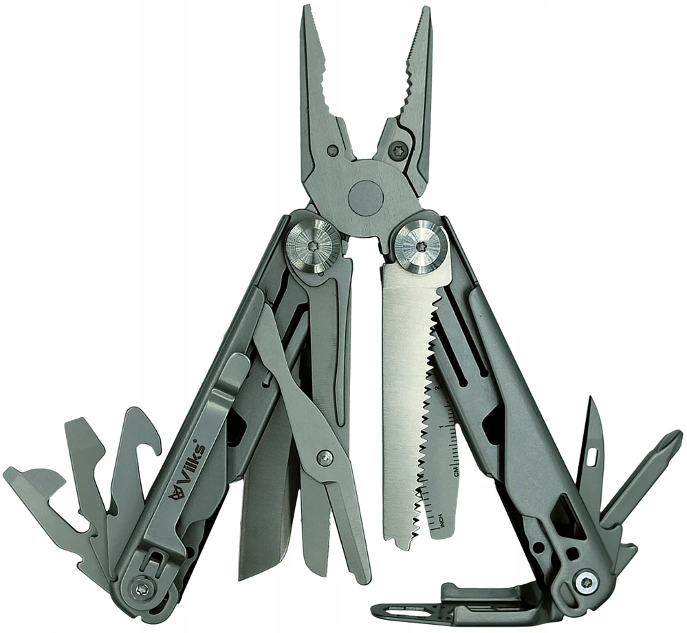VILKS MULTITOOL daugiafunkcinis kišeninių peilių rinkinys STAINLESS SURVIVAL plieno dėklo antgaliai