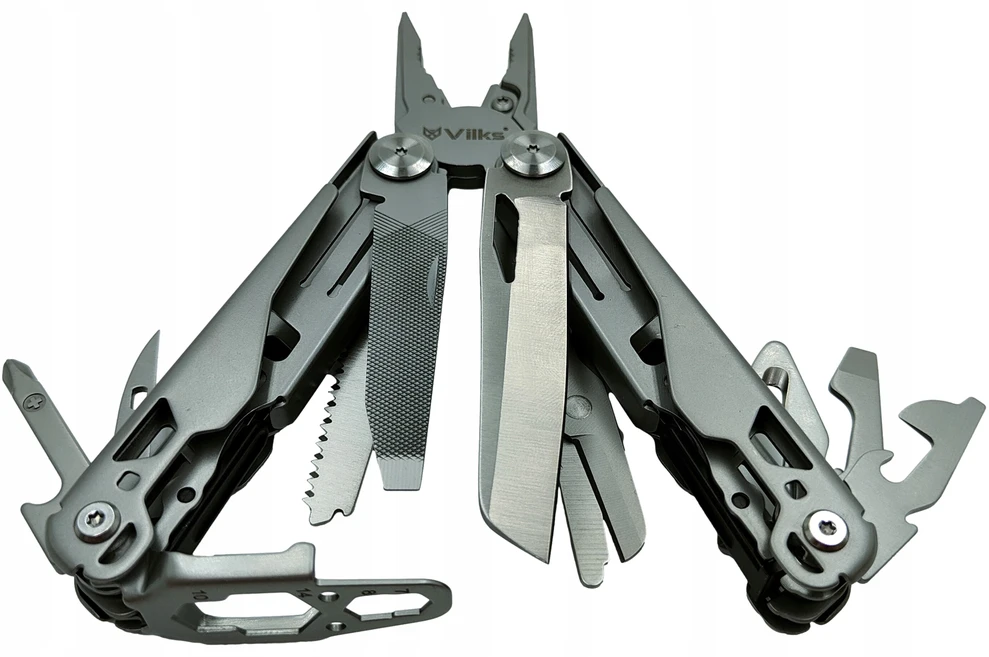 VILKS MULTITOOL daugiafunkcinis kišeninių peilių rinkinys STAINLESS SURVIVAL plieno dėklo antgaliai