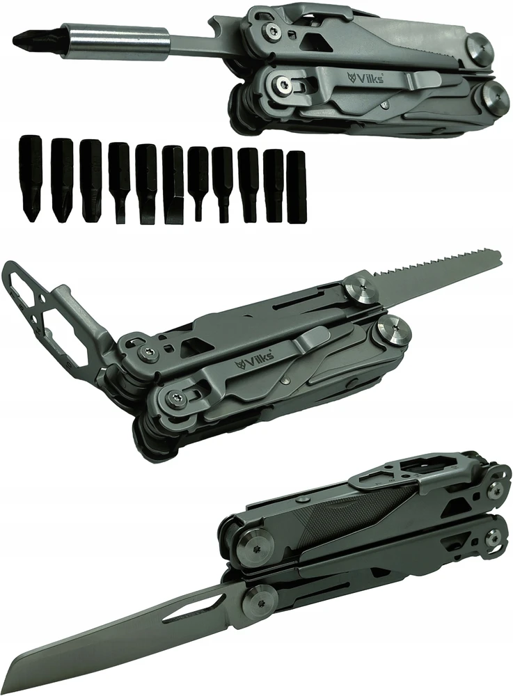 VILKS MULTITOOL daugiafunkcinis kišeninių peilių rinkinys STAINLESS SURVIVAL plieno dėklo antgaliai