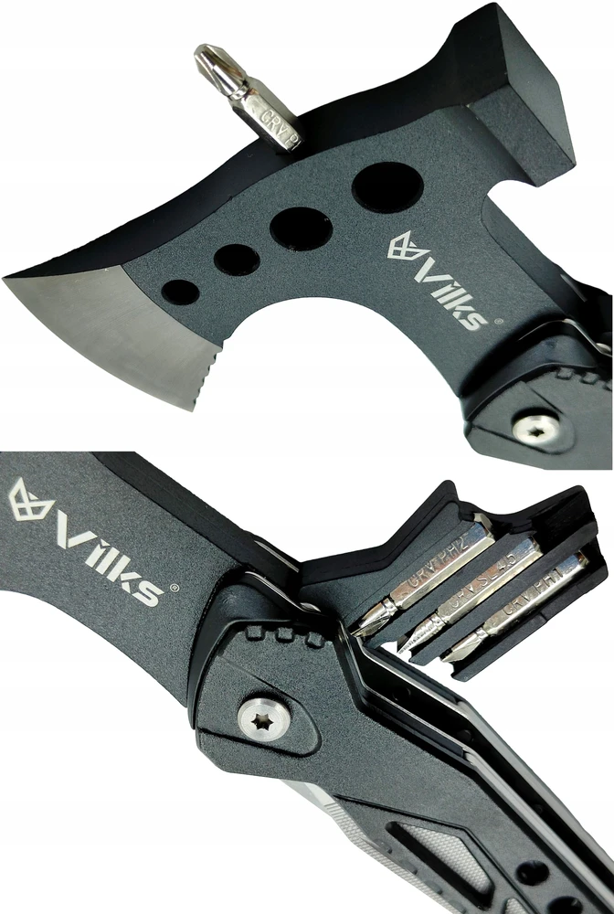 Vilks MULTITOOL Hatchet peilių kombinuotųjų antgalių rinkinys 16in1 SURVIVAL FIRST WISTLE