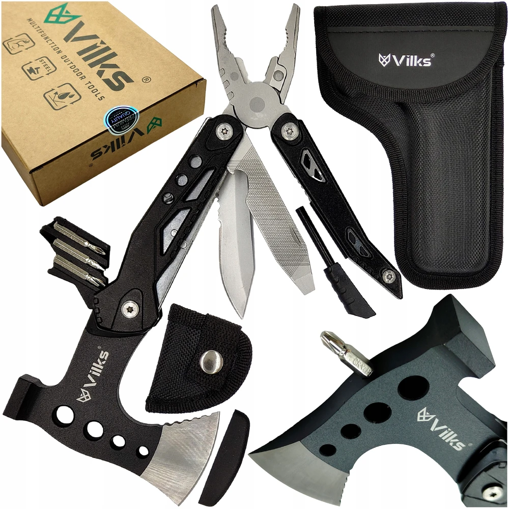 Vilks MULTITOOL Hatchet peilių kombinuotųjų antgalių rinkinys 16in1 SURVIVAL FIRST WISTLE