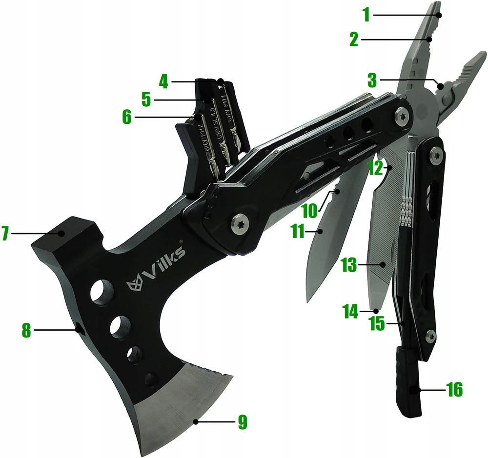 Vilks MULTITOOL Hatchet peilių kombinuotųjų antgalių rinkinys 16in1 SURVIVAL FIRST WISTLE
