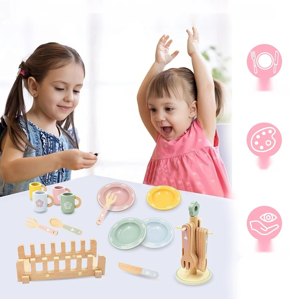 VIRTUVĖS RINKINYS 22 ELEMENTŲ MEDINIAI INDAI VAIKŲ ŽAISLAS