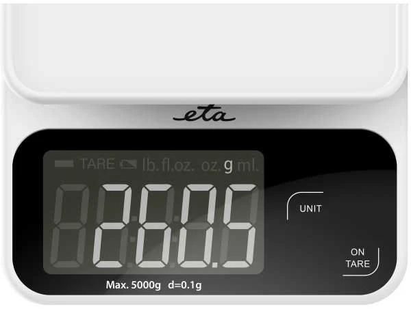 Virtuvinės svarstyklės ETA Kitchen Scale | Popi 677090000 | Maximum weight (capacity) 5kg | Graduation 1 g | Ekranas type LCD | Baltas
