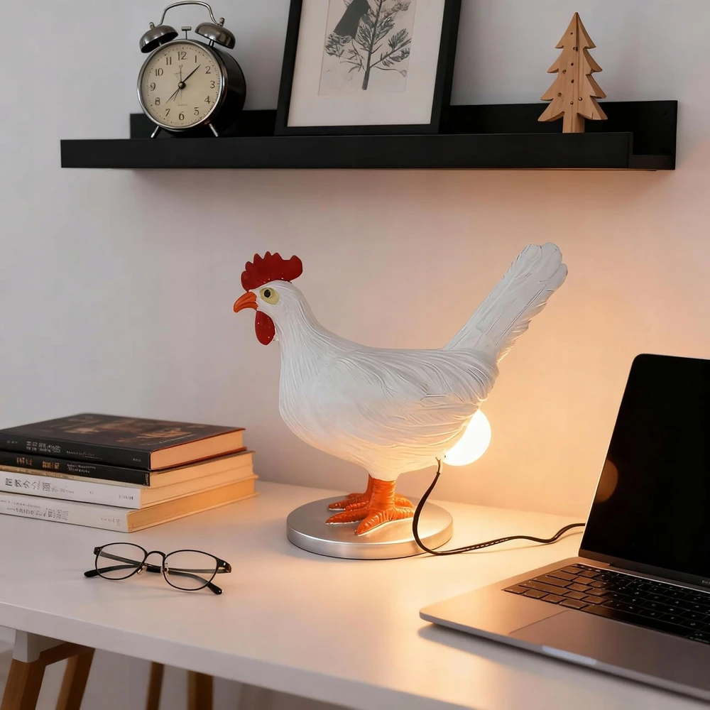 Vištienos kiaušinių lempa, Gaidžio stalo lempa Juokinga 3D tikroviška lempa
