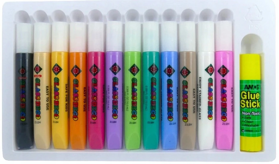 Vitražinių dažų rinkinys GD10P12, Amos, 12 spalvų po 10,5ml