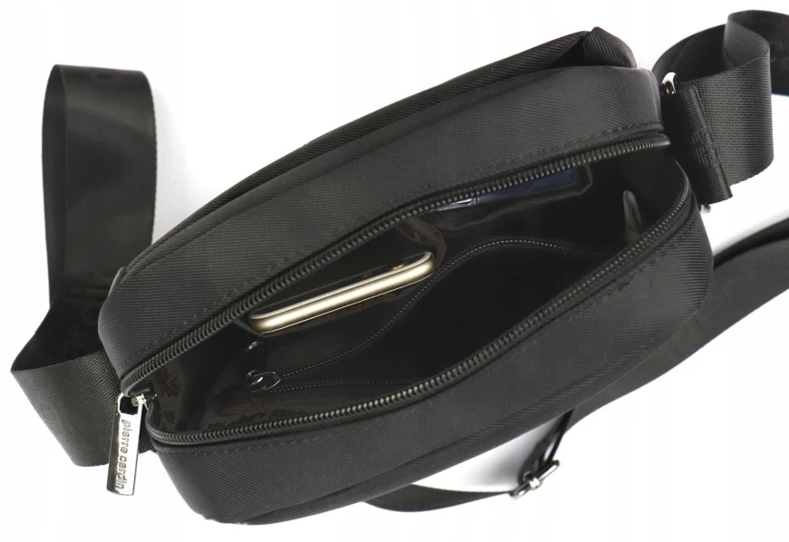Vyriška rankinė per petį Pierre Cardin, talpi, juoda, platus diržas