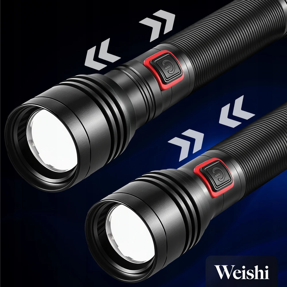 Weishi Įkraunamas TAKTINIS LED BLYKŠČIAS GALINGAS karinis ZOOM prožektorius USB-C