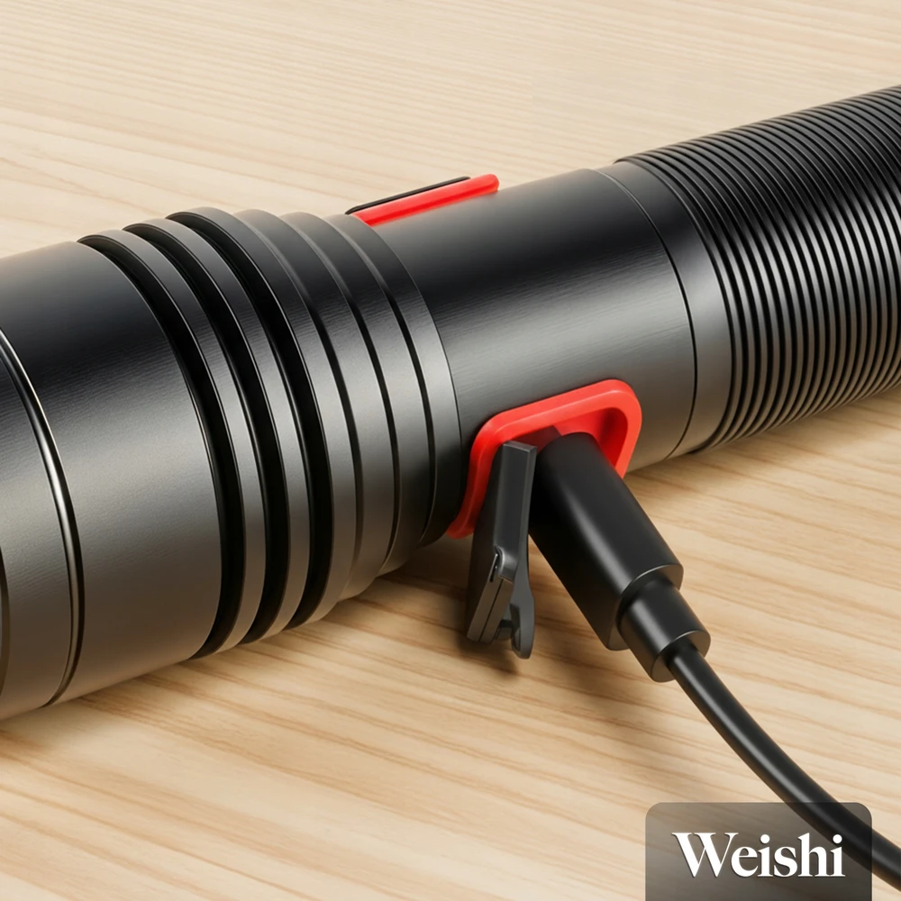 Weishi Įkraunamas TAKTINIS LED BLYKŠČIAS GALINGAS karinis ZOOM prožektorius USB-C