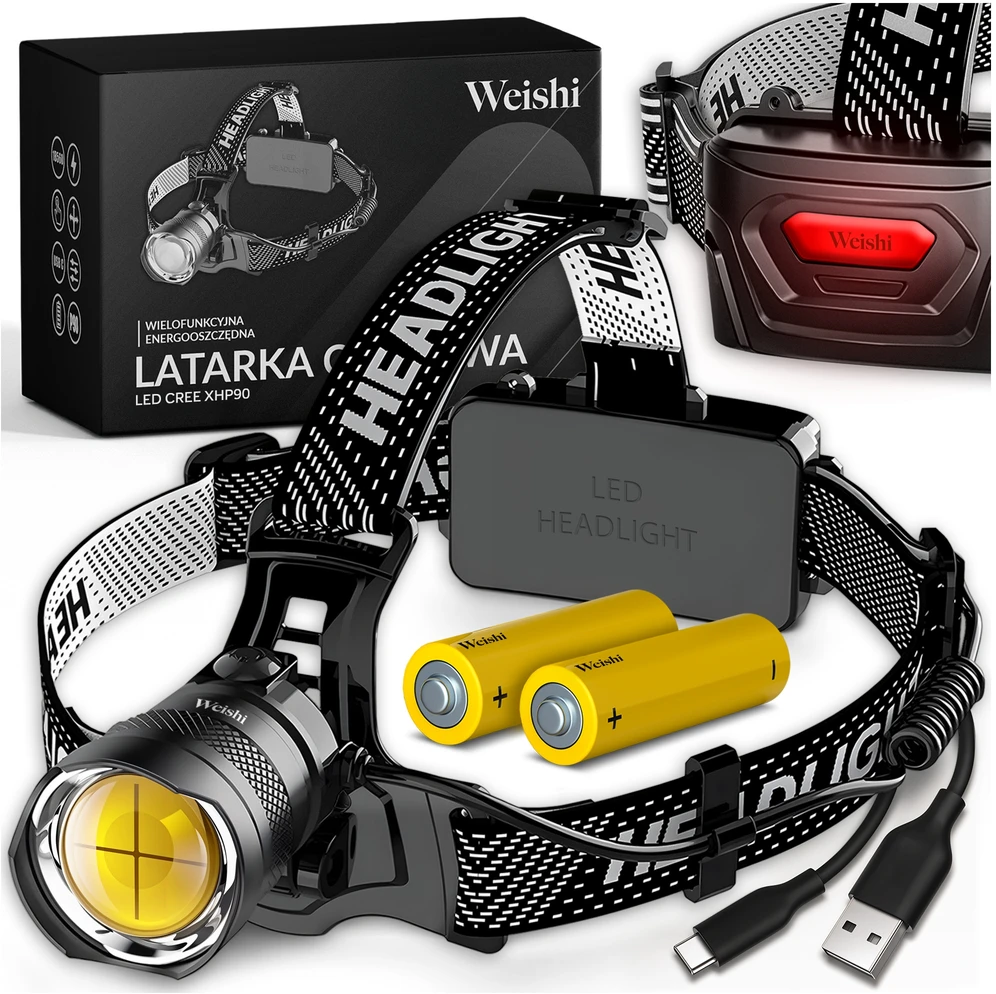 Weishi LATARKA CZOŁOWA AKUMULATOROWA USB-C LAMPKA WODOODPORNA LED ZOOM CREE XHP90
