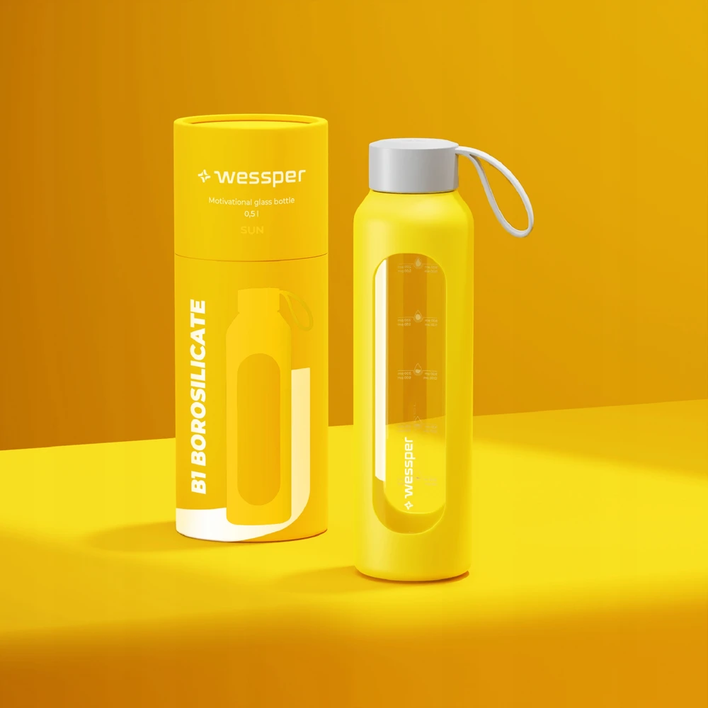Gertuvė Wessper B1 motyvacinis 1000 ml stiklinis buteliukas su matavimo taurele, skirtas fitnesui, užplombuotas